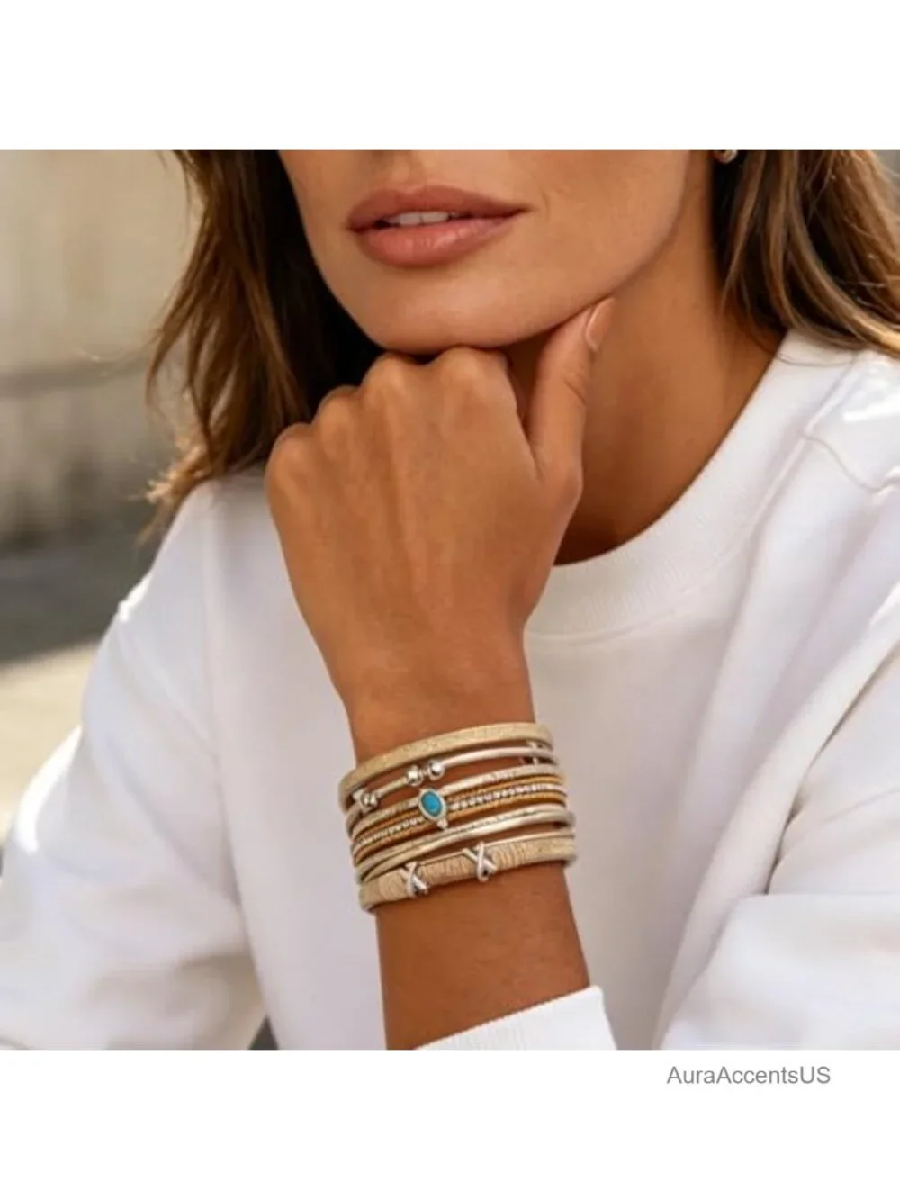 Leather Wrap Cuff Bracelet Layered Boho Rhinestone Jewelry